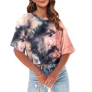 NWT Tankaneo WomensHalf Sleeve Tie Dye Cropped T-Shirt Drop Shoulder O-Neck SM